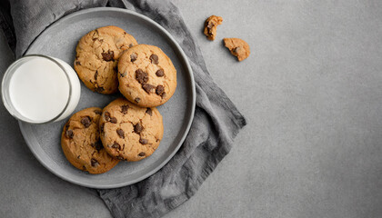top view shot of Chocolate chip cookies on grey plate, copy space