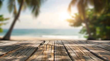 Wooden table top with the blurred tropical beach landscape