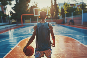 Young boy playing basketball at the sport ground on a sunny day