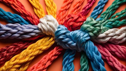 The integration of multi-colored ropes symbolizing a diverse team's strength, unity, communicating the essence of teamwork, cooperation, and mutual support on a colorful background Generative AI