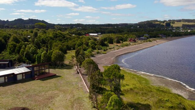 Aerial Drone Flyover Huillinco Lake Waterfront Park Landscape, Chile Chiloe, 4K