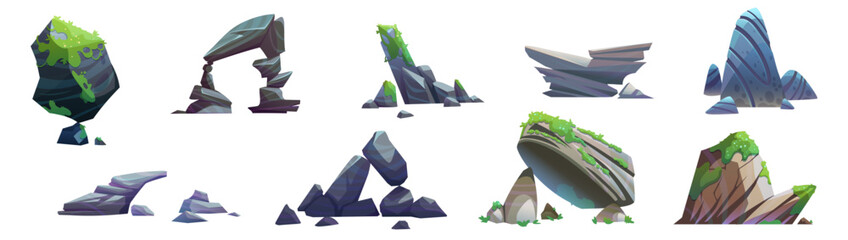 Grey big mountain stone with moss and grass. Cartoon vector illustration set of large rock cliff for canyon hill landscape design. Land terrain boulder piles and vertical rocky rubble construction. © klyaksun