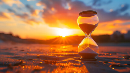 Hourglass on the background of a sunset. The value of time in life. Concept of time saving. generative ai