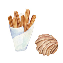 Set of watercolor churros in paper bag and concha. Spanish or mexican snack. Sweet dessert. Hand-drawn illustration isolated on transparent.
