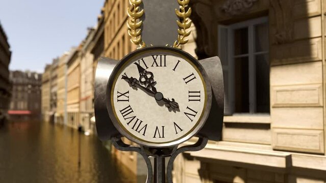 3D animation showing a public street clock on a European street with river or flooded street in the background