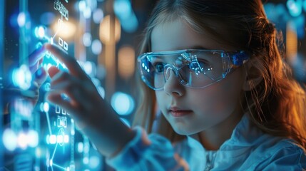 A cute smart girl in glasses holds an invisible virtual reality smartphone in her hand in a science classroom.