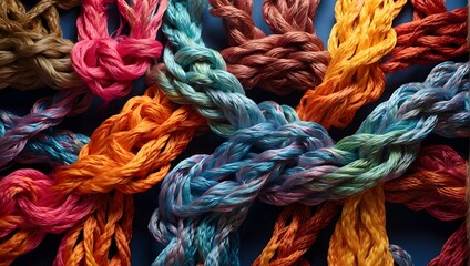 A network of colorful ropes, intricately woven to showcase the concept of a strong, empowered team, emphasizing diversity, teamwork, and the importance of communication and support Generative AI