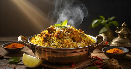 Biryani Close Up Against the backdrop of darkness, a steaming pot of fragrant biryani