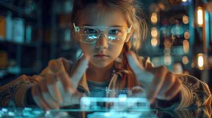 A cute smart girl in glasses holds an invisible virtual reality smartphone in her hand in a science classroom.