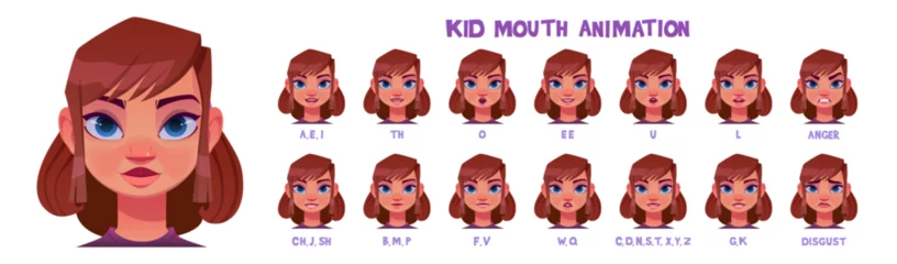 Tapeten Kid girl kit for speaking animation creation. Cartoon vector illustration of little female child with different lip positions during pronunciation of english alphabet letters, sad and angry emotions. © klyaksun