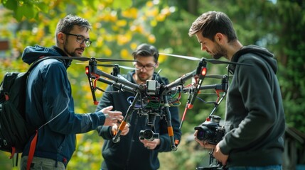 Various engineers discuss microchips and inserting them into drones. Innovative startup and technology in unmanned aerial vehicle concept