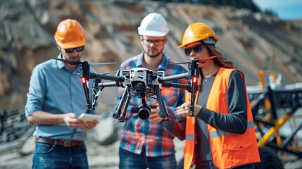 Various engineers discuss microchips and inserting them into drones. Innovative startup and technology in unmanned aerial vehicle concept
