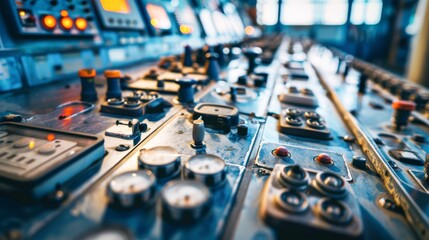 Closeup of a control panel in a nuclear power plant - obrazy, fototapety, plakaty