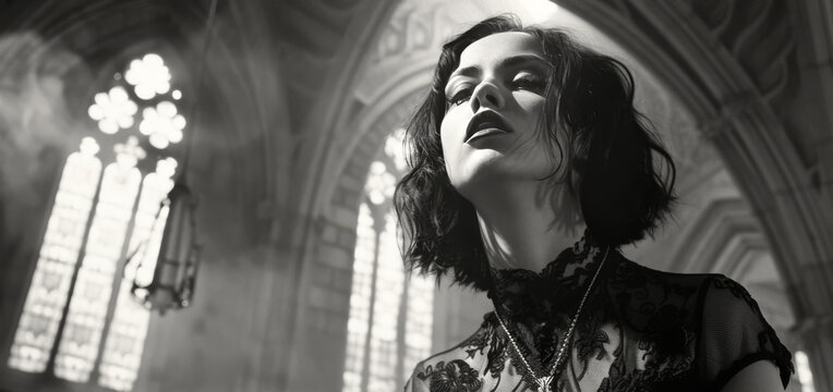 A beautiful young woman in a gothic cathedral, dark fashion theme