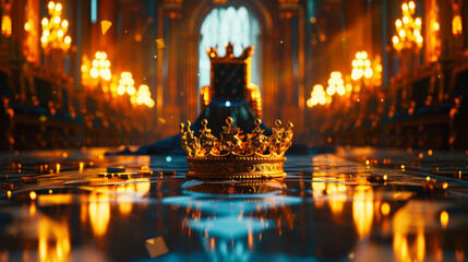 A king's crown sitting in a majestic throne hall - obrazy, fototapety, plakaty