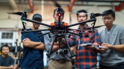 Various engineers discuss microchips and inserting them into drones. Innovative startup and technology in unmanned aerial vehicle concept