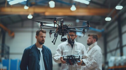 Various engineers discuss microchips and inserting them into drones. Innovative startup and technology in unmanned aerial vehicle concept