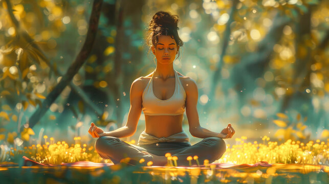 Young woman practicing yoga and meditation in nature