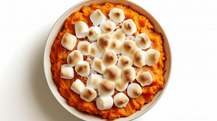 Sweet potato casserole with marshmallow topping, heartwarming dish, top-down view isolated on white