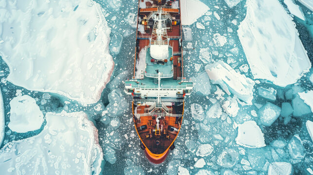 An ice breaker breaking ice, aerial view