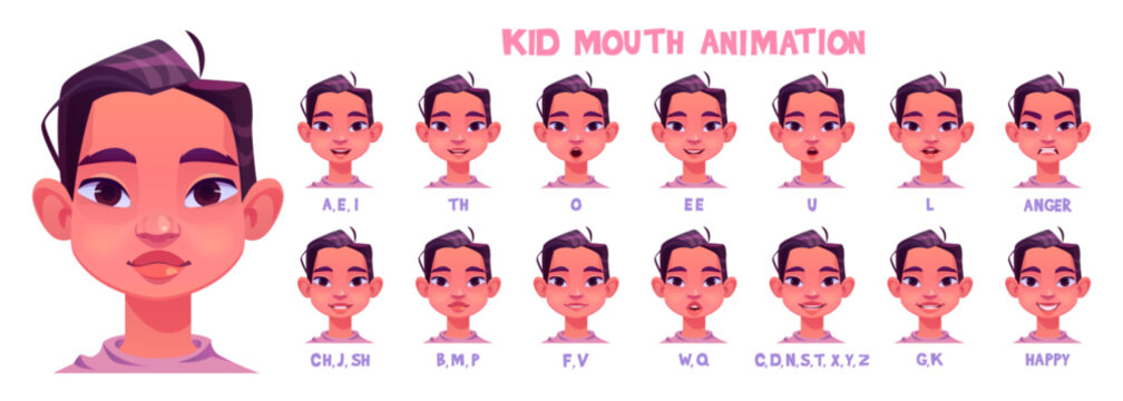 Kid girl mouth animation kit. Cartoon vector illustration set of female child avatar with various positions of lips and tongue during pronunciation of english alphabet. Talking character face.