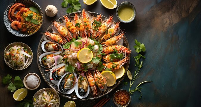 luxurious seafood platter on a dark backdrop