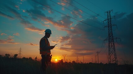 An electrical engineer in helmet working at sunset near the tower with electricity