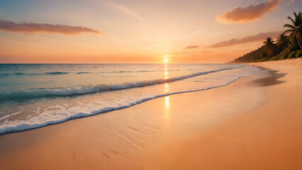 Orange and golden sunset sky tropical beach seascape horizon