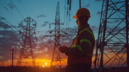 An electrical engineer in helmet working at sunset near the tower with electricity - obrazy, fototapety, plakaty