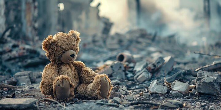Teddy bear on a battlefield war abandon, concept of child in war