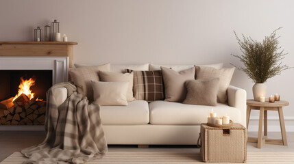 Cozy Living Room Setup with Neutral Toned Sofa and Warm Fireplace Ambiance