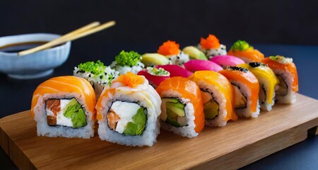 Highlight a selection of colorful sushi rolls, delicately arranged on a wooden sushi board,