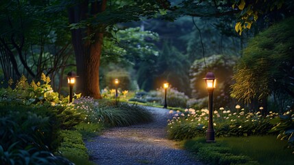At night, lampposts light up the garden path, casting a soft glow on the surrounding greenery, creating a serene and enchanting atmosphere. - obrazy, fototapety, plakaty