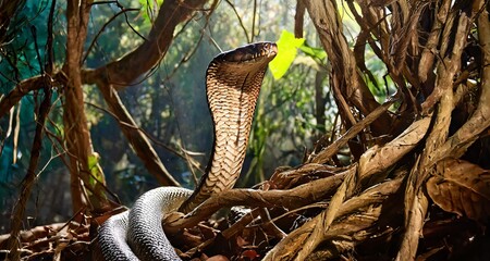 King Cobra Amidst the tangled roots of a rainforest canopy, a King Cobra reigns supreme. It - obrazy, fototapety, plakaty