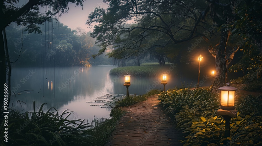Poster at night, lampposts light up the garden path, casting a soft glow on the surrounding greenery, creat