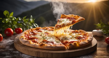 Foto op Plexiglas Pizza Close Up Set against a dark, dramatic backdrop, a steaming slice of pizza takes from center © Prashant