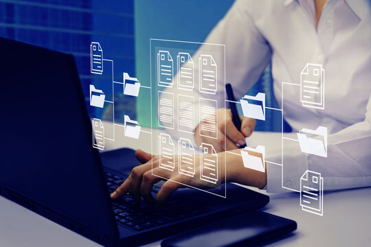 Online documentation database.  AI document management system DMS concept.  FTP (File Transfer Protocol), Secure FTP. Internet cloud technology, exchange information and data storage concept