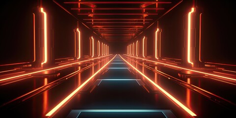 Sci-Fi corridor Futuristic neon glowing light interior in a dark tunnel Reflections. Vibrant 3D rendering of an underground corridor adorned with radiant lights