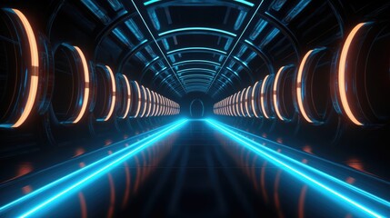 Sci-Fi corridor Futuristic neon glowing light interior in a dark tunnel Reflections. Vibrant 3D rendering of an underground corridor adorned with radiant lights
