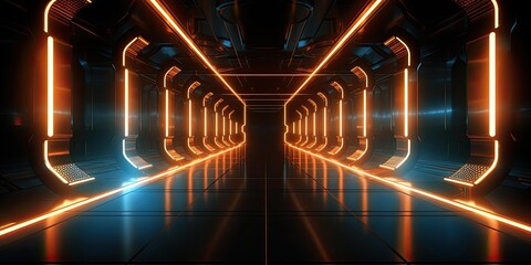 Sci-Fi corridor Futuristic neon glowing light interior in a dark tunnel Reflections. Vibrant 3D rendering of an underground corridor adorned with radiant lights
