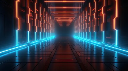 Sci-Fi corridor Futuristic neon glowing light interior in a dark tunnel Reflections. Vibrant 3D rendering of an underground corridor adorned with radiant lights