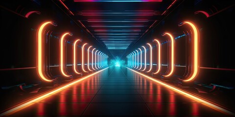 Sci-Fi corridor Futuristic neon glowing light interior in a dark tunnel Reflections. Vibrant 3D rendering of an underground corridor adorned with radiant lights