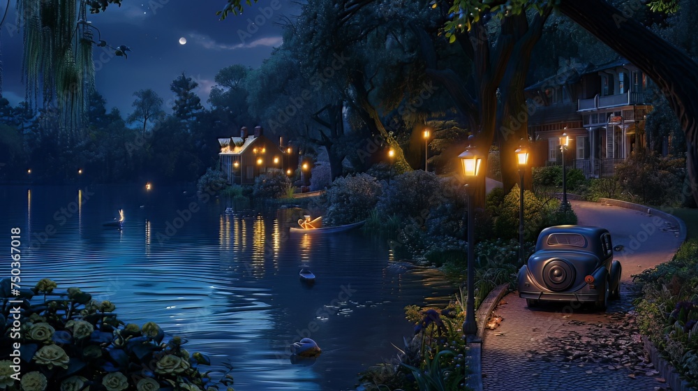 Poster at night, lampposts light up the garden path, casting a soft glow on the surrounding greenery, creat
