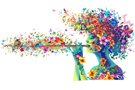 Abstract Tree in Colorful Bloom with Butterflies and Confetti Celebration