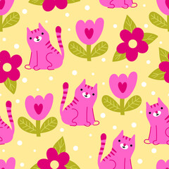 Cute cats vector seamless pattern - 750367627