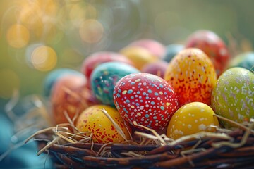 Fototapeta na wymiar Vibrant Easter eggs in a basket seen up close.