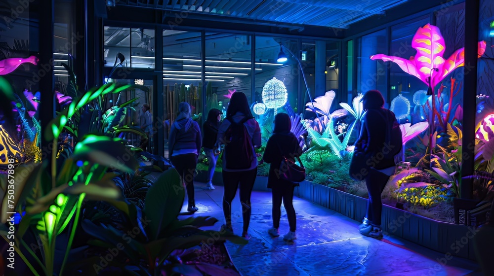 Poster bio-tech wonderland: step into a bio-tech wonderland, where bioluminescent flora blends with advance