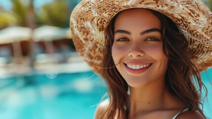 A fashionable female tourist cheerfully wears a summer hat while standing in front of a swimming pool in a luxury resort. - Powered by Adobe
