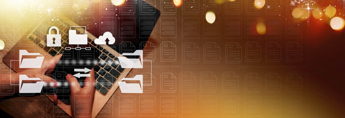  Online documentation database. AI document management system DMS concept. FTP (File Transfer Protocol), Secure FTP. Internet cloud technology, exchange information and data storage concept.