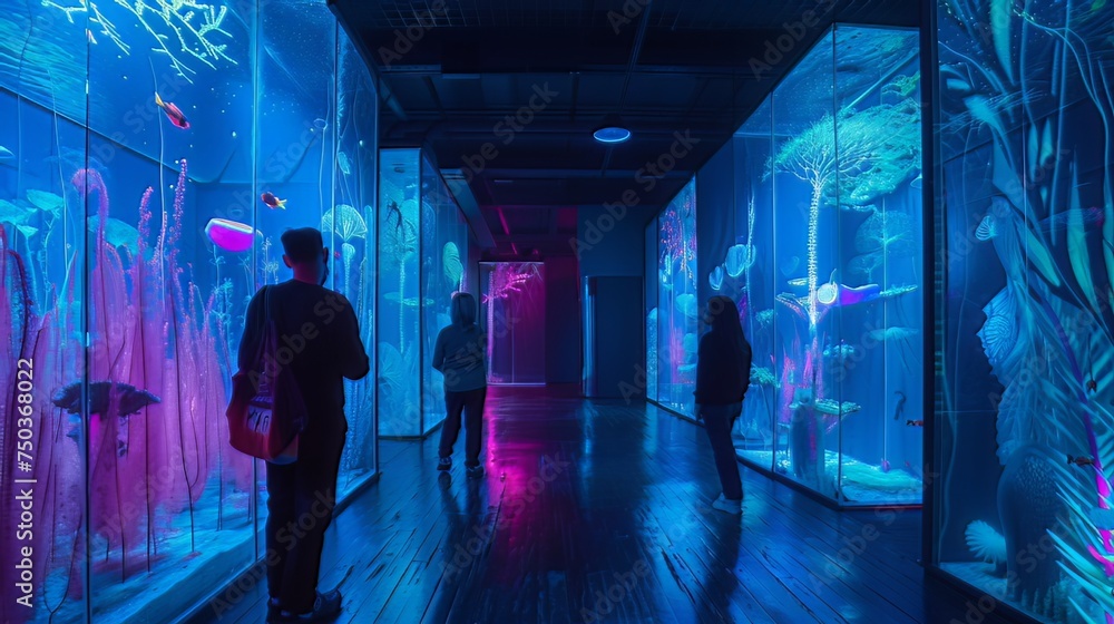 Poster bio-tech wonderland: step into a bio-tech wonderland, where bioluminescent flora blends with advance
